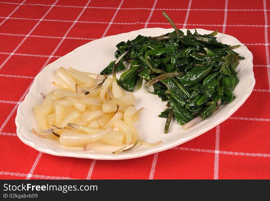 Old-fashioned dish with the cooked greens and bulbs of freshly harvested ramps. Old-fashioned dish with the cooked greens and bulbs of freshly harvested ramps.