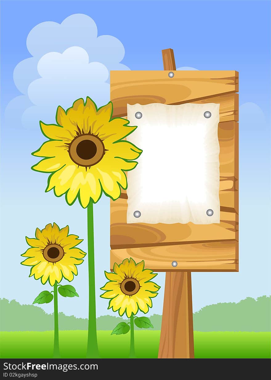 Summer landscape with sunflower and wooden sign