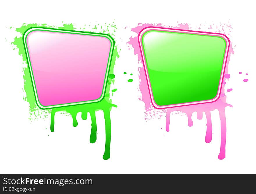 Two banners, green and pink.