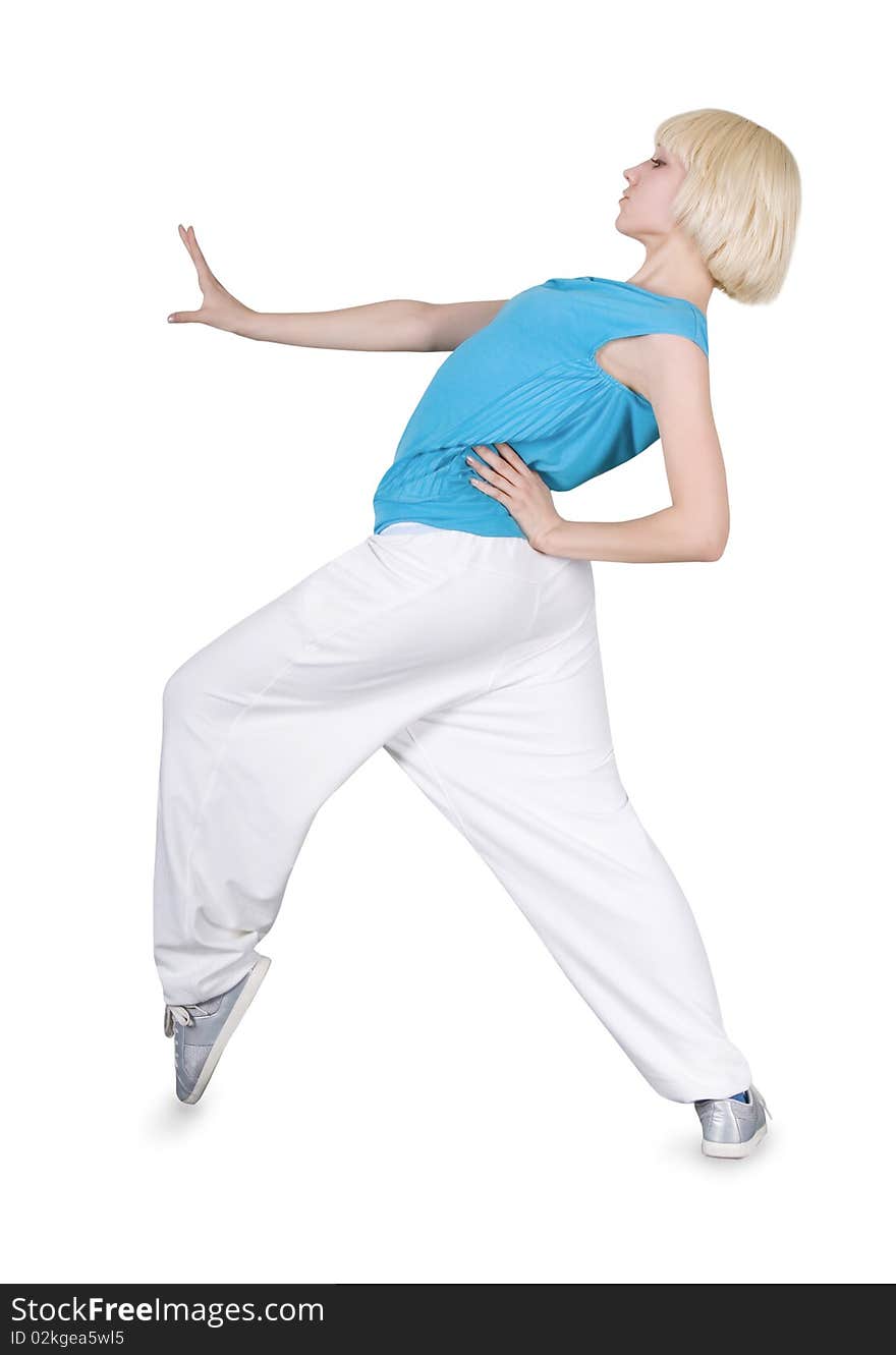 Teenage girl dancing hip-hop over white