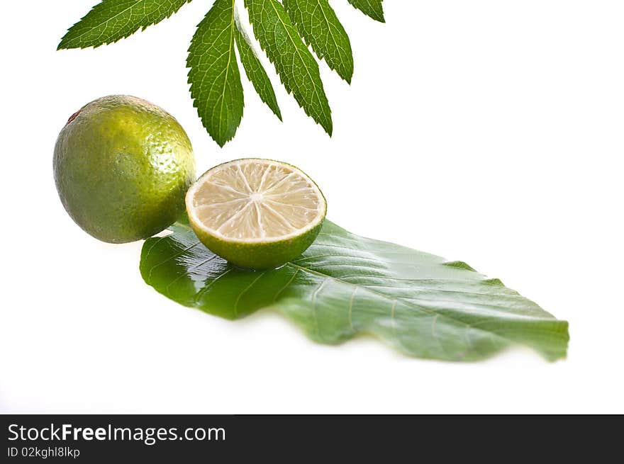 Lime with leaf, isolated on white background