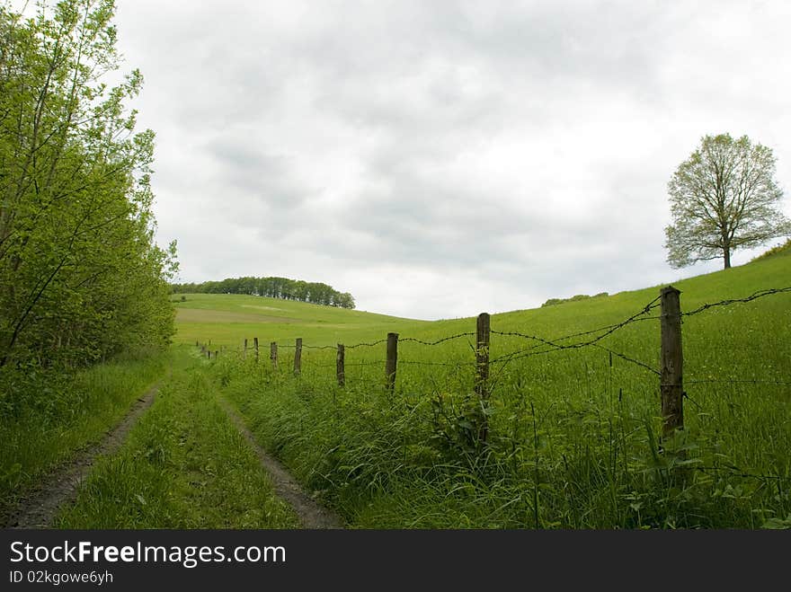 Country lane in front of green hills