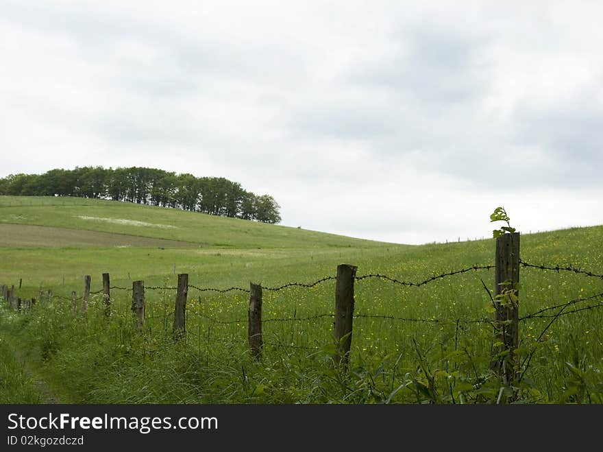 Country lane in front of green hills