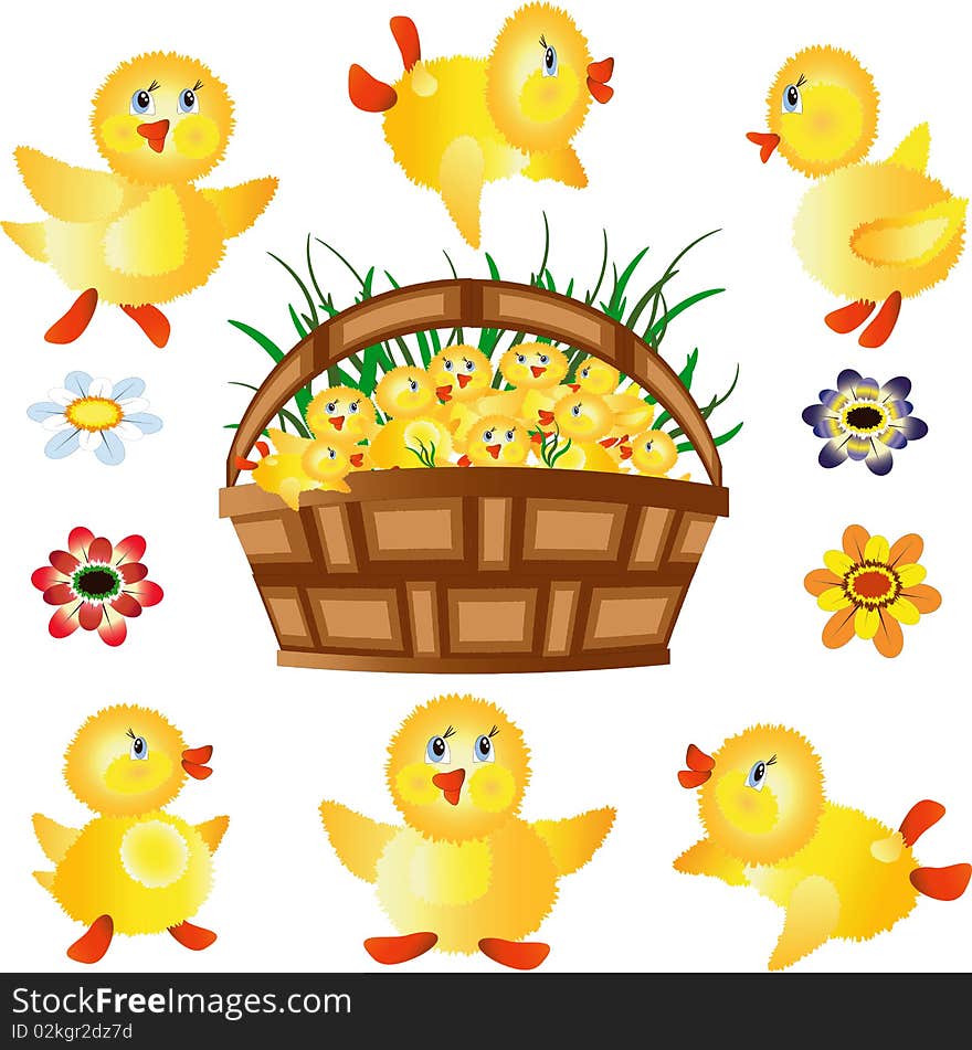 Icons with ducklings, busket and flowers. Icons with ducklings, busket and flowers.