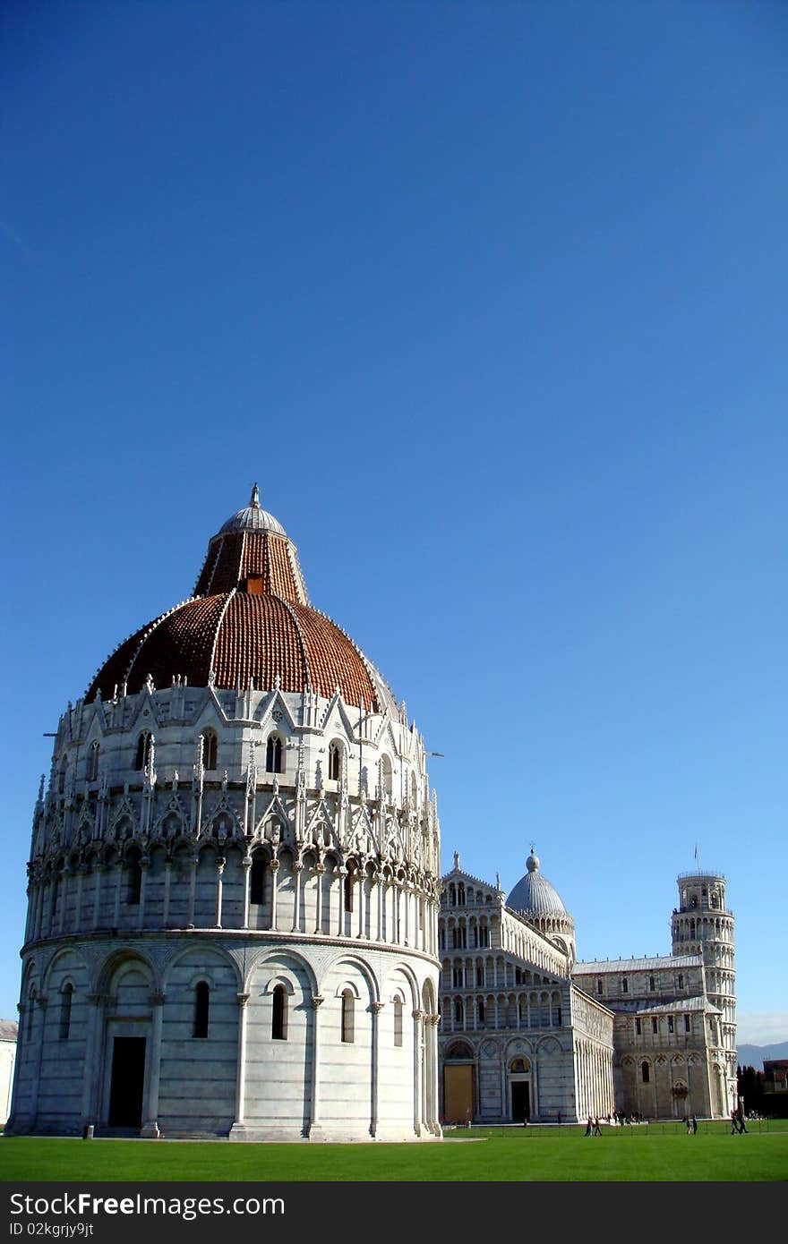 Miracle square with the baptistery and the leaning tower. Miracle square with the baptistery and the leaning tower