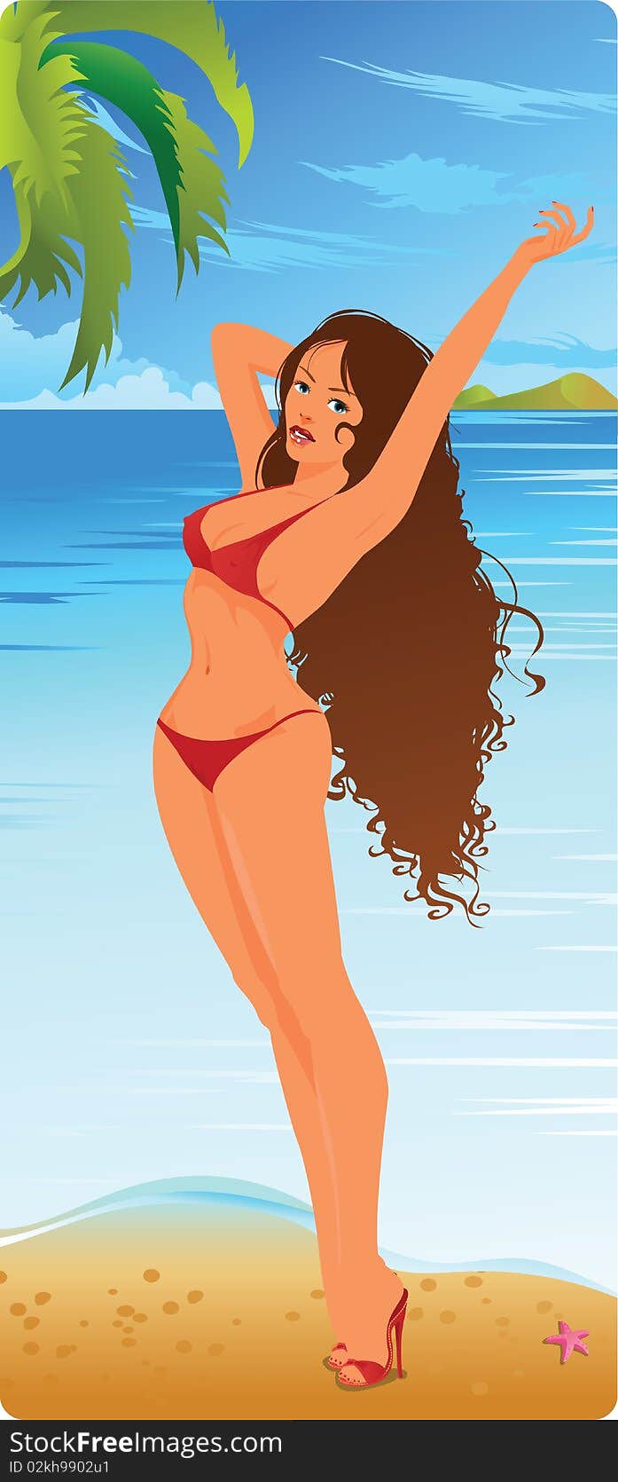 A beautiful girl sunbathing at the beach - vector file. A beautiful girl sunbathing at the beach - vector file