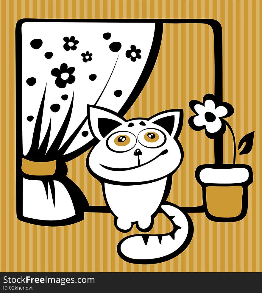 Cartoon happy cat and flower on a window.