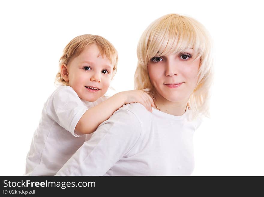 Young mother and little son. It is isolated on the white