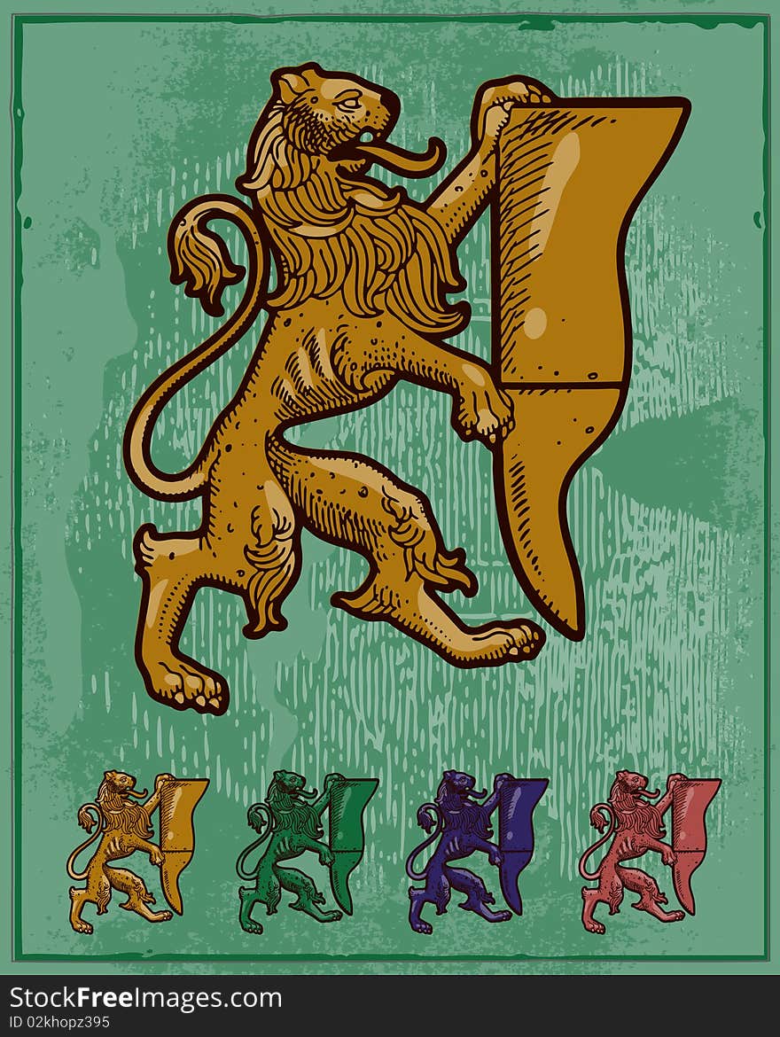 Heraldic Lion isolated on red background.