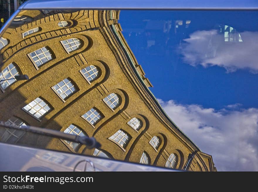 Reflected london building on the window car. Reflected london building on the window car