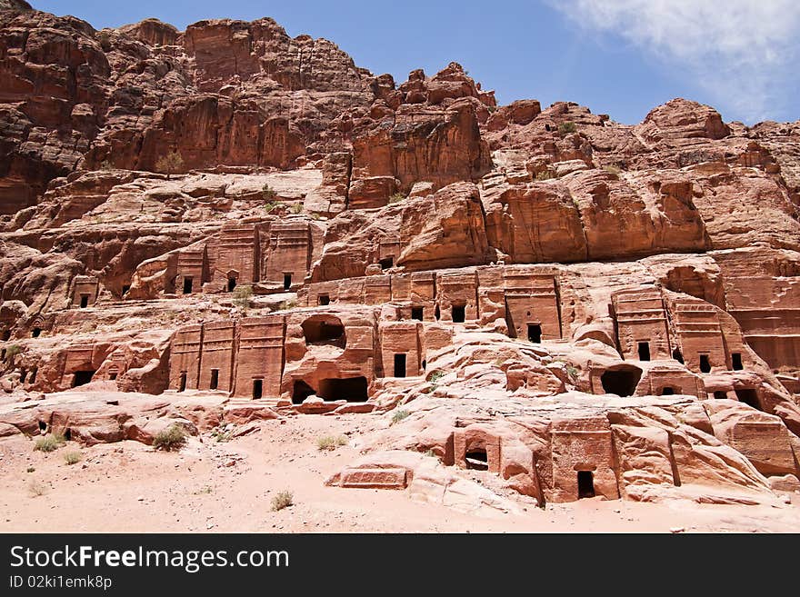 Wide view of large cliff side tombs