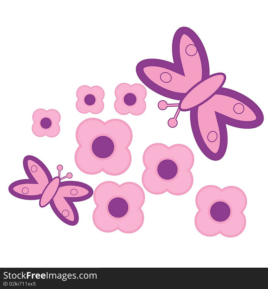 Vector illustration of pink flowers and butterfly. Vector illustration of pink flowers and butterfly