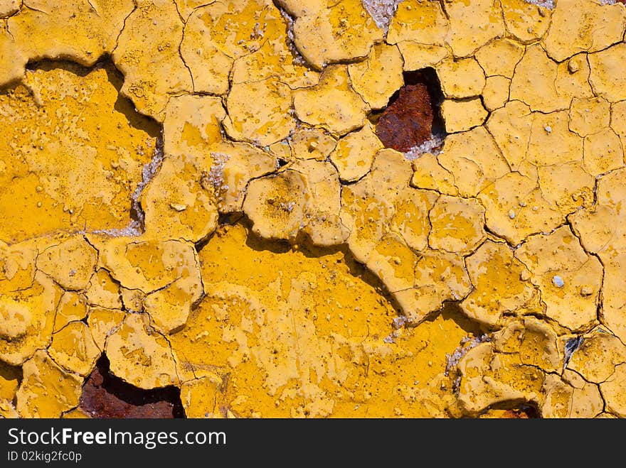 Peeling cracked yellow rusty paint macro background. Peeling cracked yellow rusty paint macro background