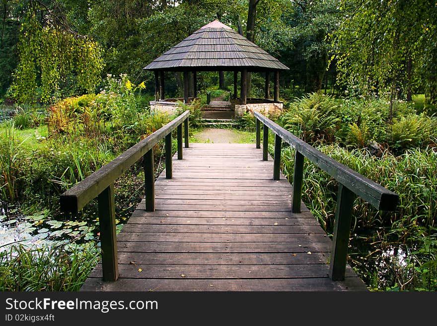 The shelter  in the park with pond