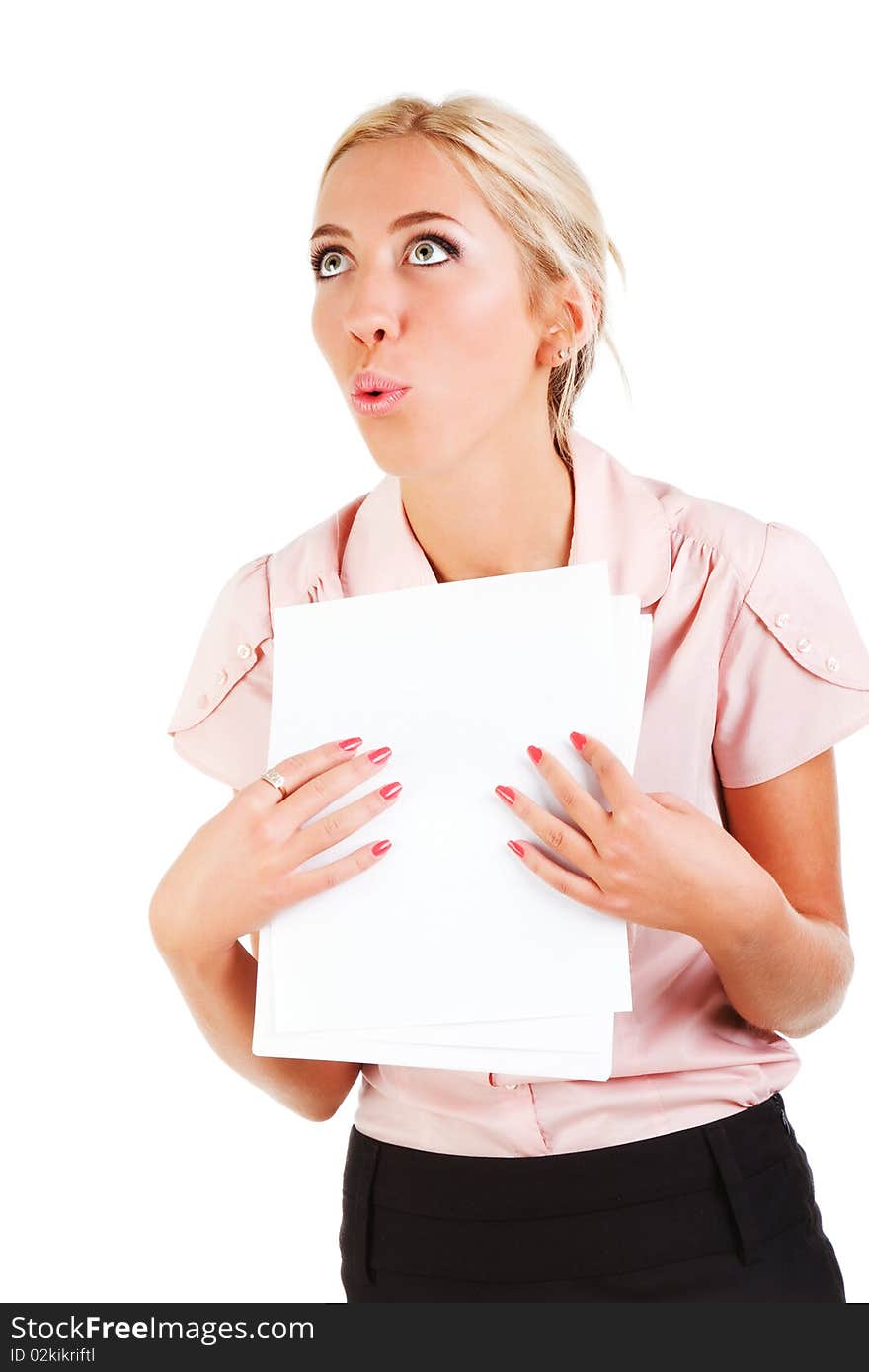 Picture of a beautiful young business lady in blouse with a papers