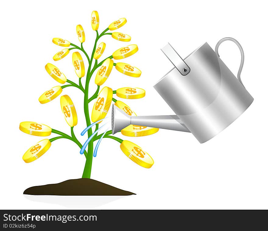 Money tree with watering can illustration on white background