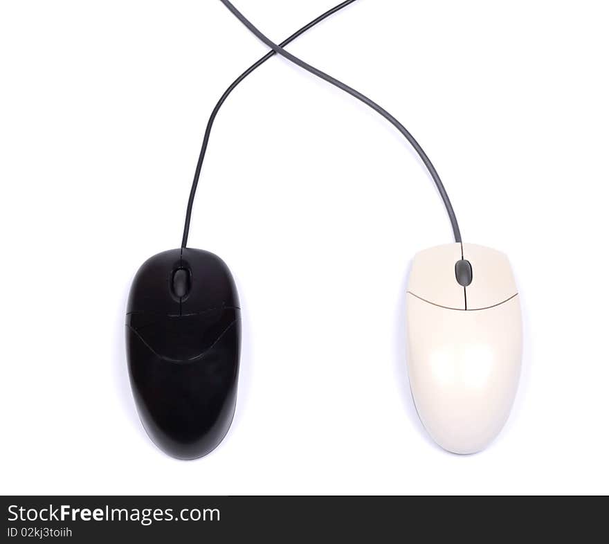 Two computer mouse. Black and white. Isolated object on a white background