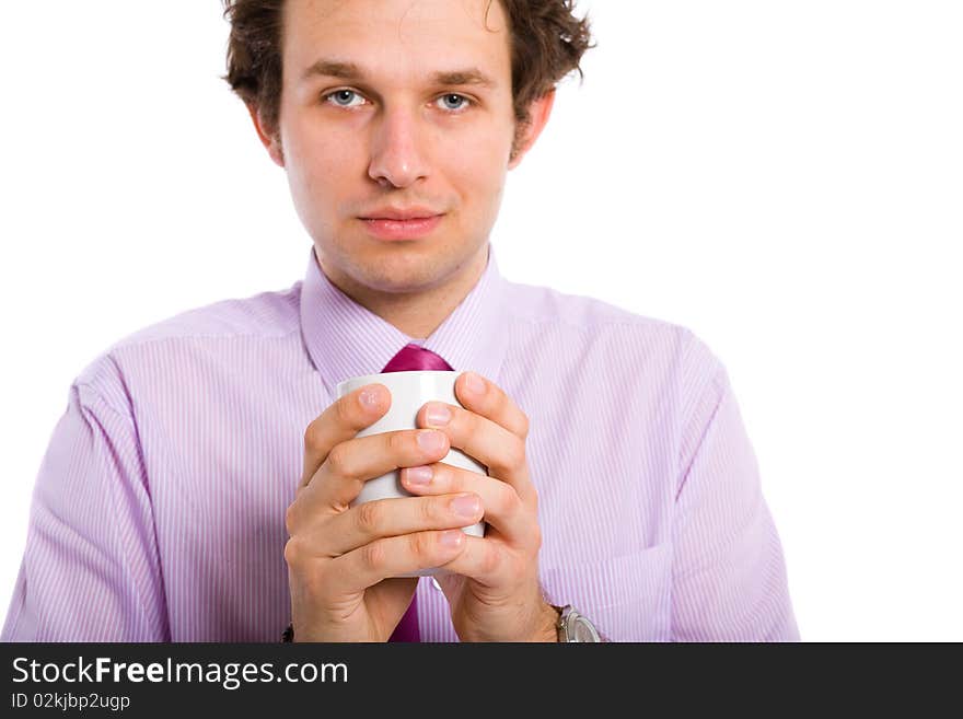 Young attractive male adult holds mug, cup with tea or coffee, all isolated on white background. Young attractive male adult holds mug, cup with tea or coffee, all isolated on white background