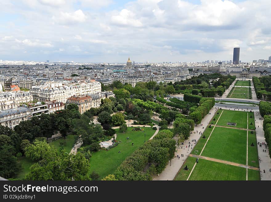 The Champ de Mars is a large public greenspace in Paris, France. View from Eiffel Tower.