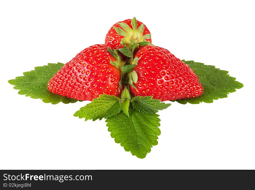 Strawberry on leaf with hand made clipping path, fresh fruit against white background