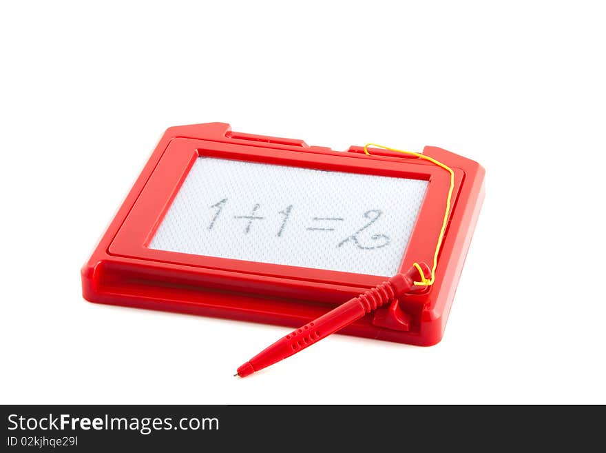 A plastic erasable drawing board with a pen on a string isolated over white