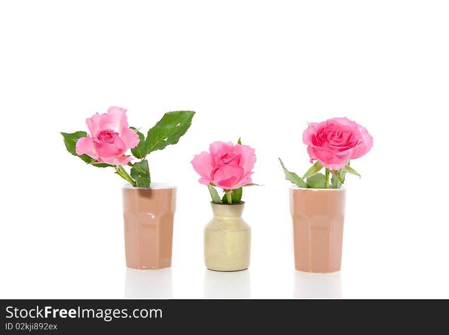 Three Little Vases With Pink Roses