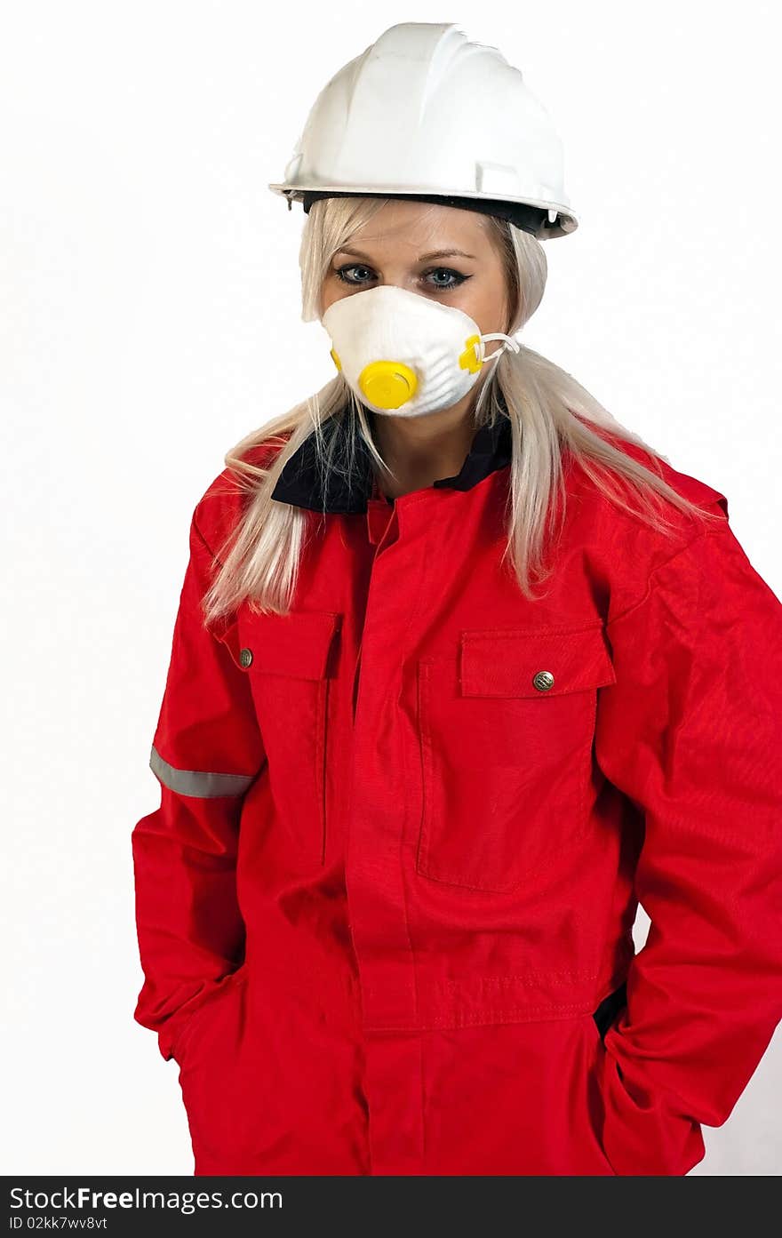 Young woman builder in white helmet holding driller. Young woman builder in white helmet holding driller