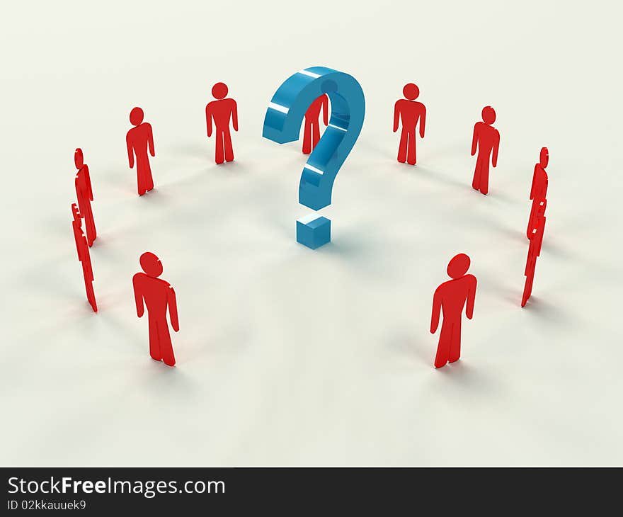 Is a render of five man around a figurative problem. Is a render of five man around a figurative problem