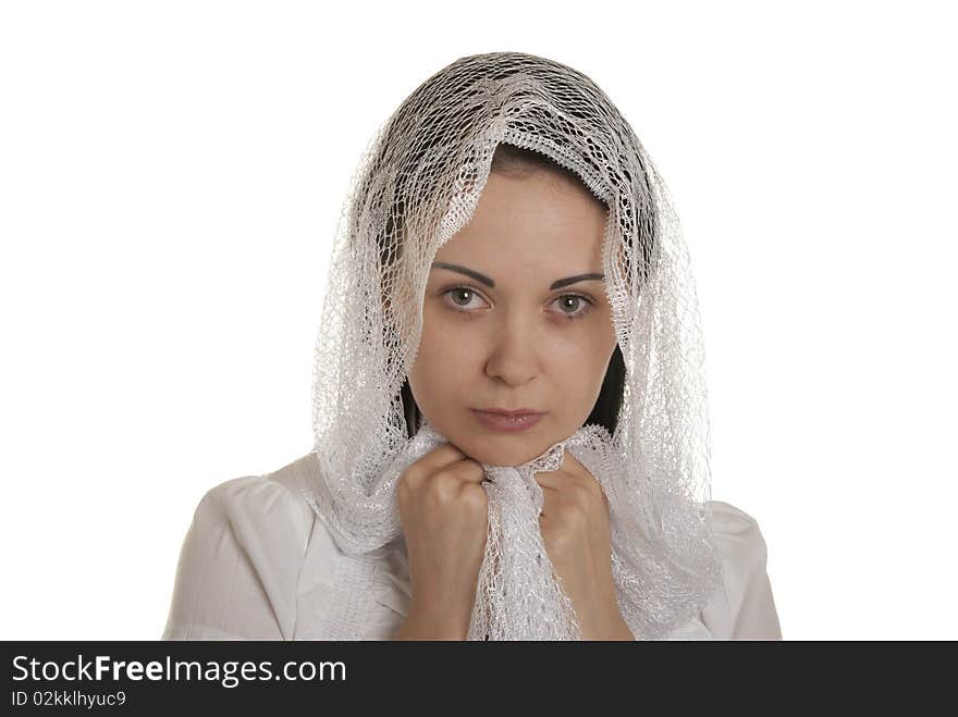 Defenceless woman with head scarf isolated in white