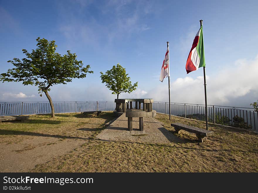 Observation point near the shrine of Nostra Signora della Guardia. The name “Guardia” in Italian means “watch” and the shrine is so called because the Mount Figogna, in the Middle Ages was a strategic observation post to control displacement of armies along Valpolcevera and ships in the sea in front of Genoa.