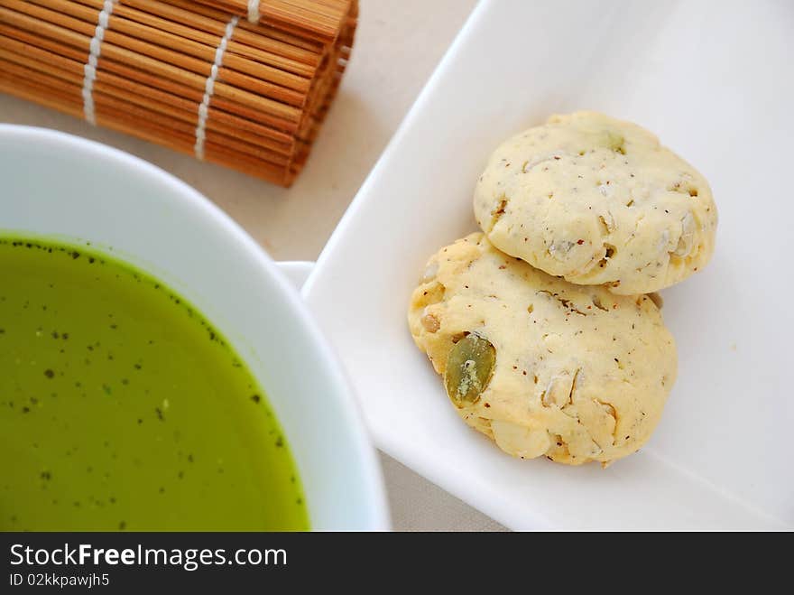 Cookies with healthy green tea. For food and beverage, diet and nutrition, and health concepts.