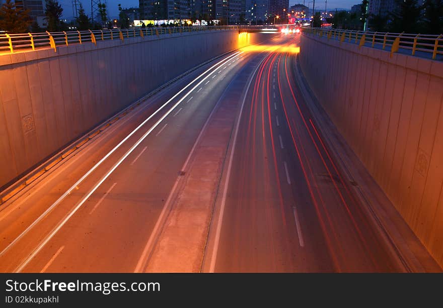 Blurred Motion of Car Lights on Highway at Night. Blurred Motion of Car Lights on Highway at Night