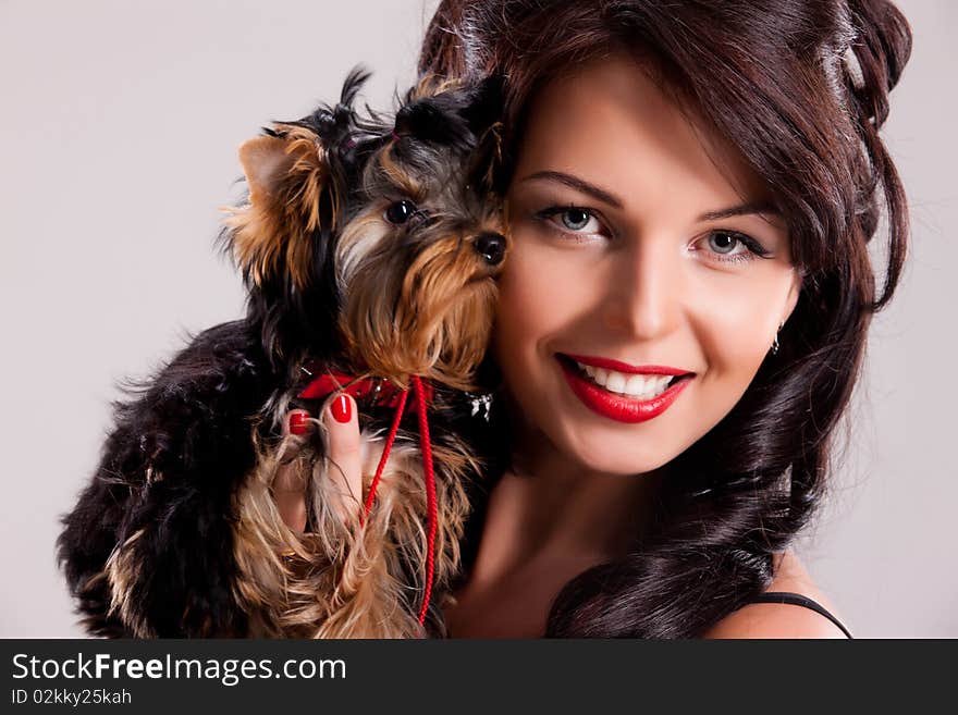 Young beautiful brunette woman in a black dress with a Yorkshire terrier. Young beautiful brunette woman in a black dress with a Yorkshire terrier