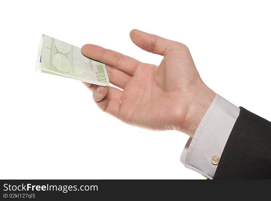 Businessman hand with money isolated on white background