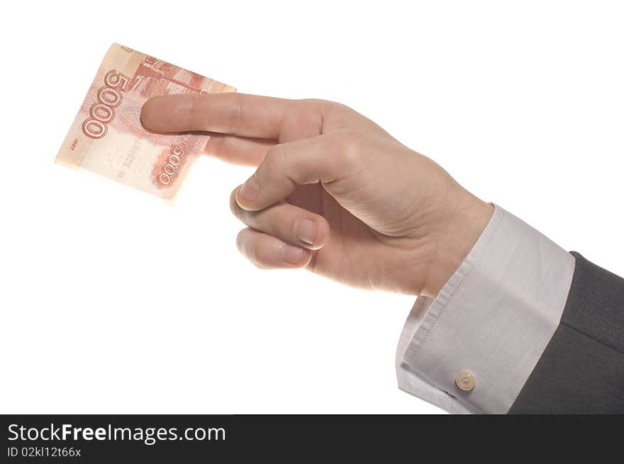 Businessman hand with money isolated on white background