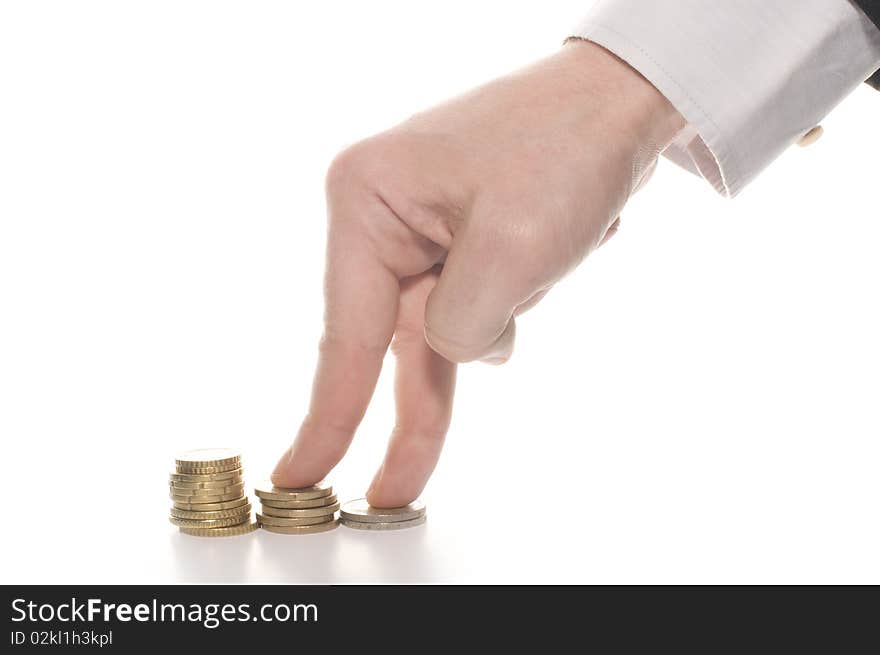 Hand and money staircase, isolated on white background. Hand and money staircase, isolated on white background