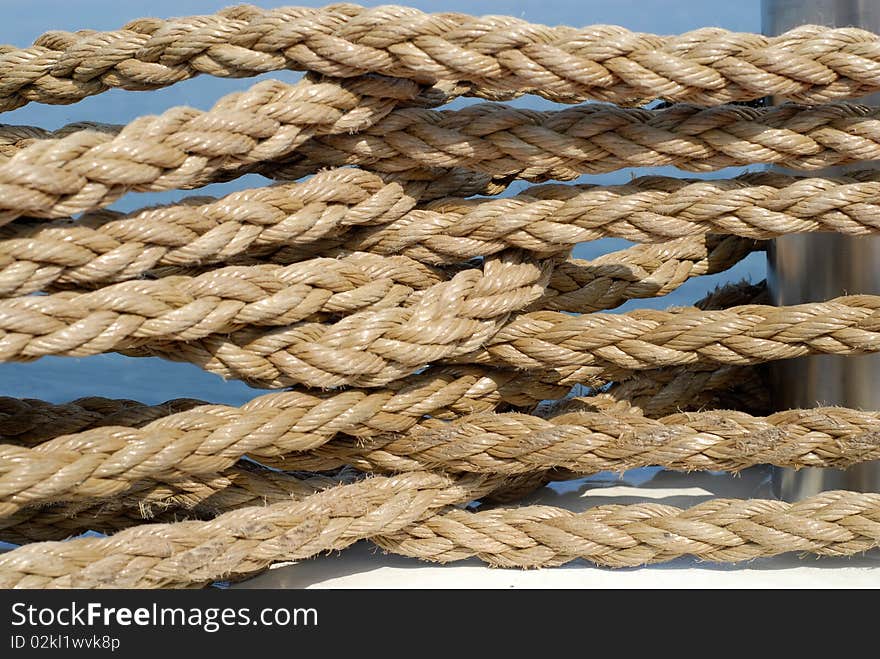 Many knots made of ropes on a ship