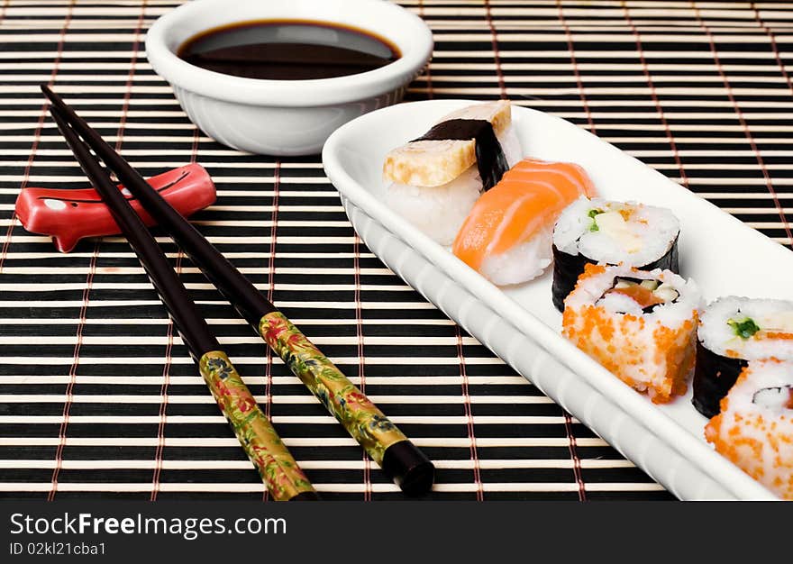 An image of a set of sushi and chopsticks