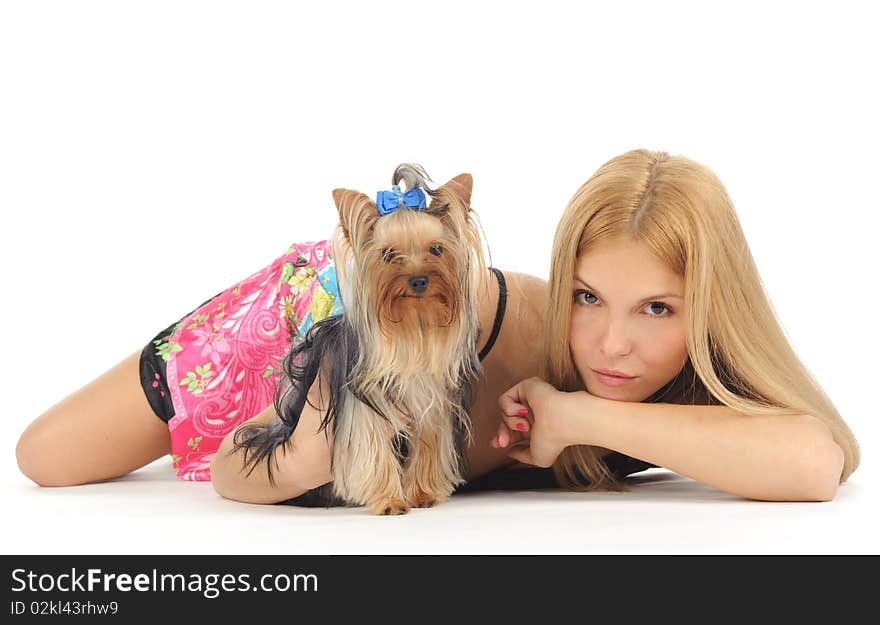 Blonde posing with small dog. Blonde posing with small dog