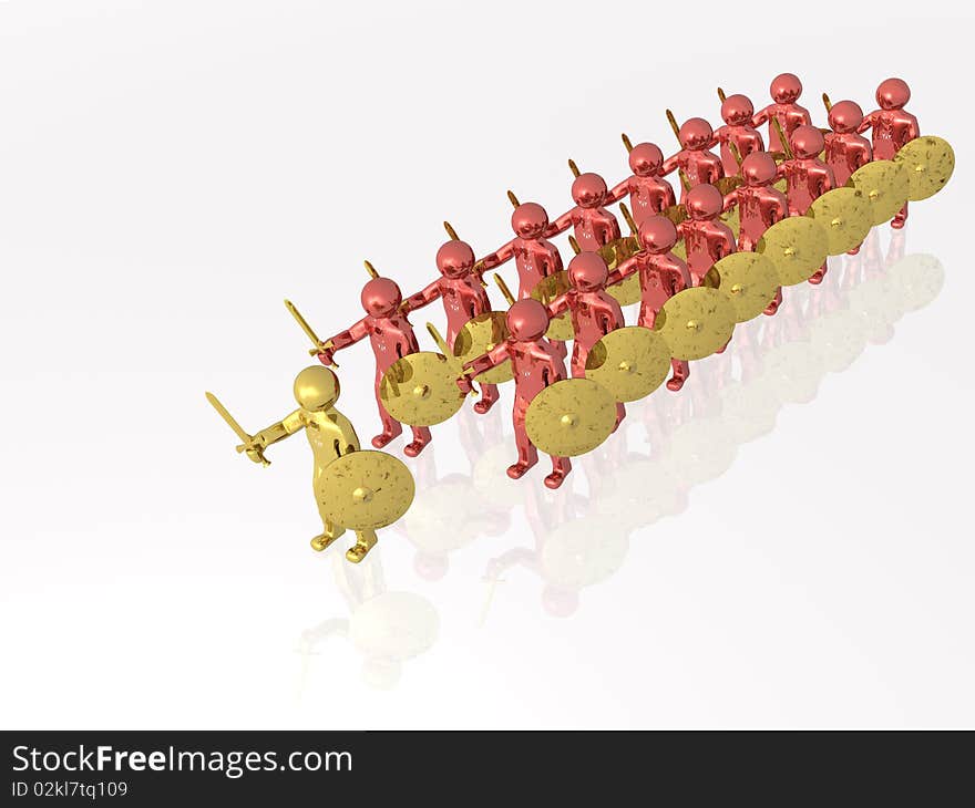 Red soldiers with gold swords on white reflective background. Red soldiers with gold swords on white reflective background.