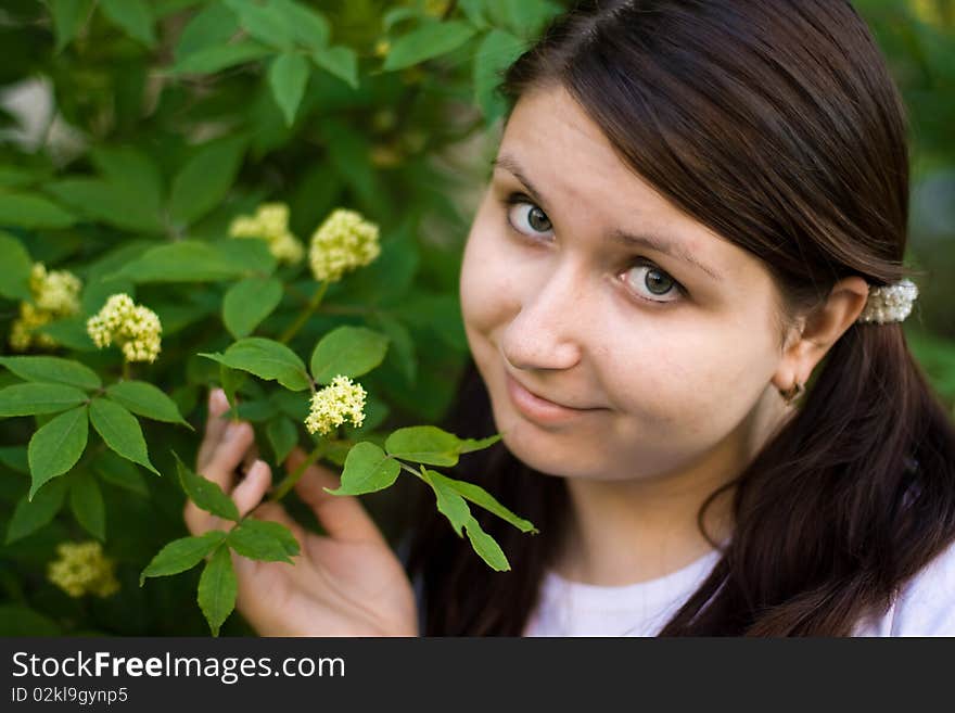 Summer girl against a background of green grass. Summer girl against a background of green grass