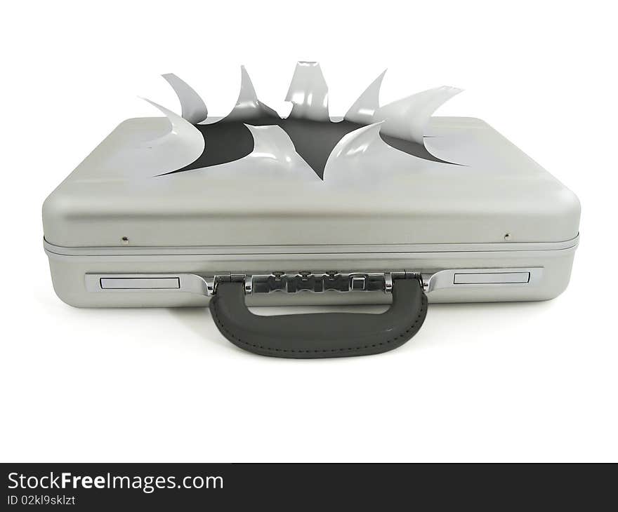 Isolated breaking suitcase. White background