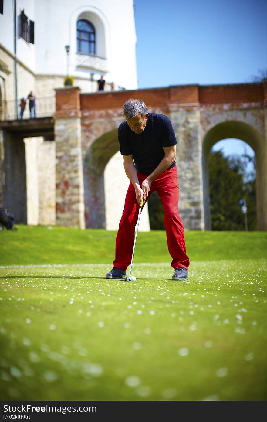 Man golfer putting on a green with castle at the background and cherry petals on the ground.