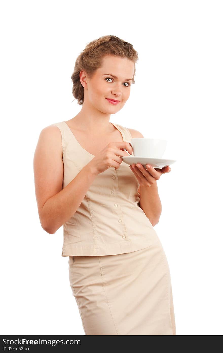 Girl with cup of tea/coffee isolated on white