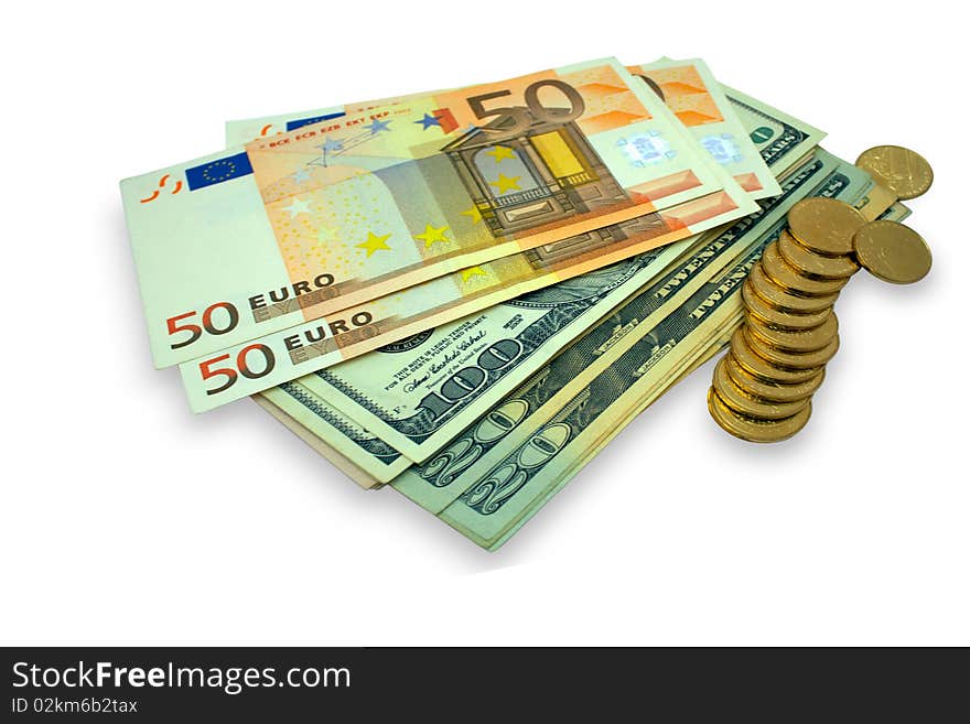 Dollars euros and coins located on a white background