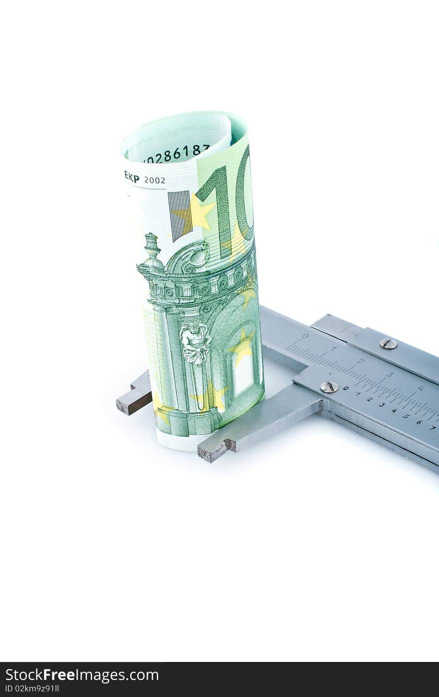 Measuring euro banknotes with  calipers,isolated on white.