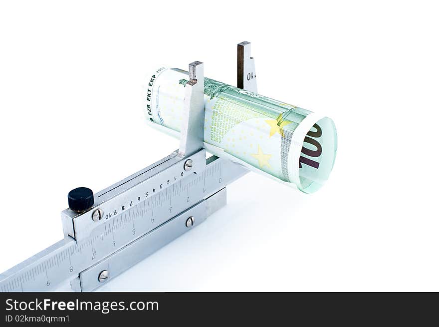 Measuring euro banknotes with  calipers,isolated on white.