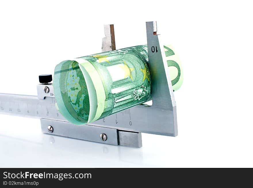 Measuring euro banknotes with  calipers,isolated on white.