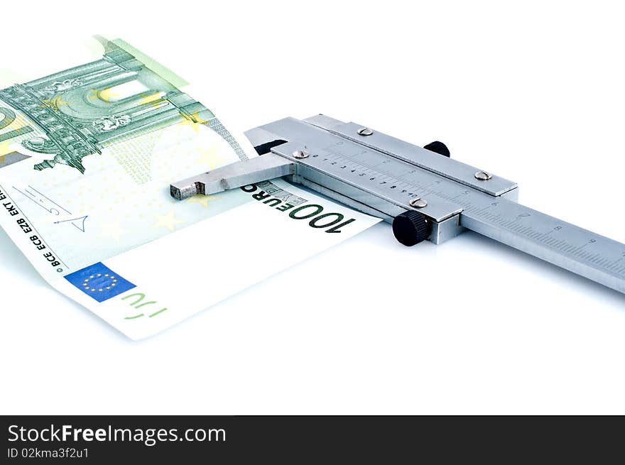 Measuring euro banknotes with calipers,isolated on white. Measuring euro banknotes with calipers,isolated on white.