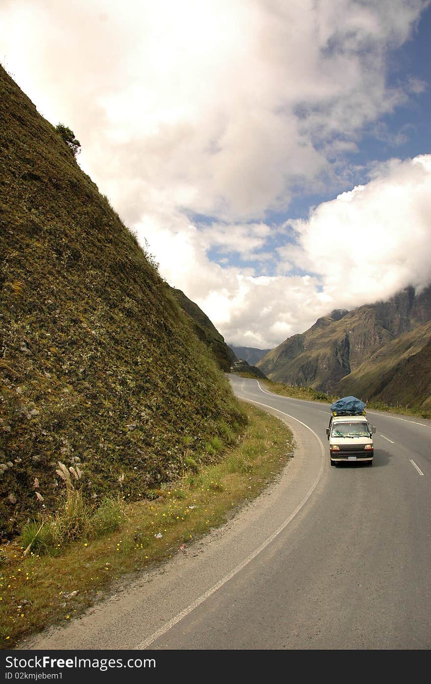 A van on the way to a trip driving in the mountains of Bolivia. A van on the way to a trip driving in the mountains of Bolivia.